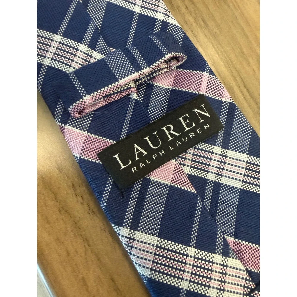 Lauren Ralph Lauren Mens Silk Blend Plaid Necktie Navy Blue Pink White 3